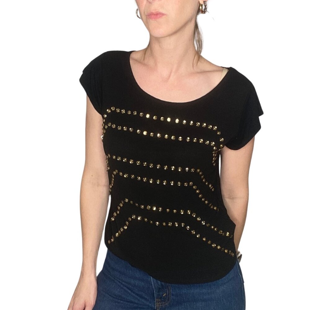 Express Black Amber Beaded Studded Rockercore Short-sleeved Tee Shirt Top Small